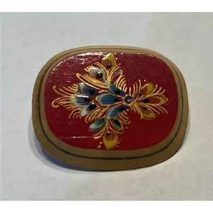 Vintage painted wood flower brooch pin Boho Folk Art